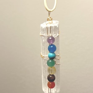7 Chakra Selenite Wand Necklace: Gold-Wrapped Gemstone Pendant