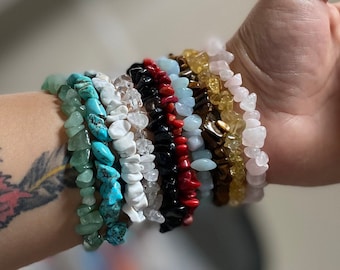 Natural stone chip bracelets, chip bracelets, mini chip bracelets, Stone bracelets, beaded bracelets, Rose Quartz, Aquamarine, Aventurine