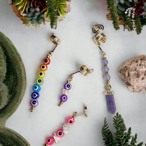 Crystal Braid Cuffs: Amethyst, Opalite, & Evil Eye Hair Jewelry (4-Pack)