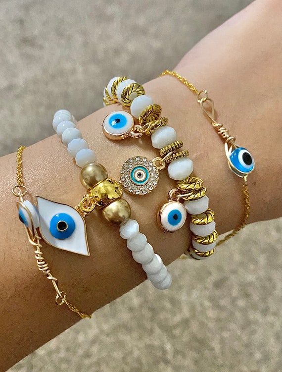 Evil Eye Bracelet Set: White Gold Czech Bead Protection