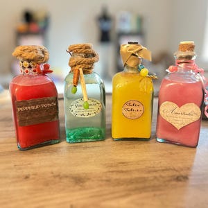 Potter Potions, Felix Felicis, Amortentia, Pepper Up potion, Veritaserum, Potions, Home Decor, Book nook, library decor, library room