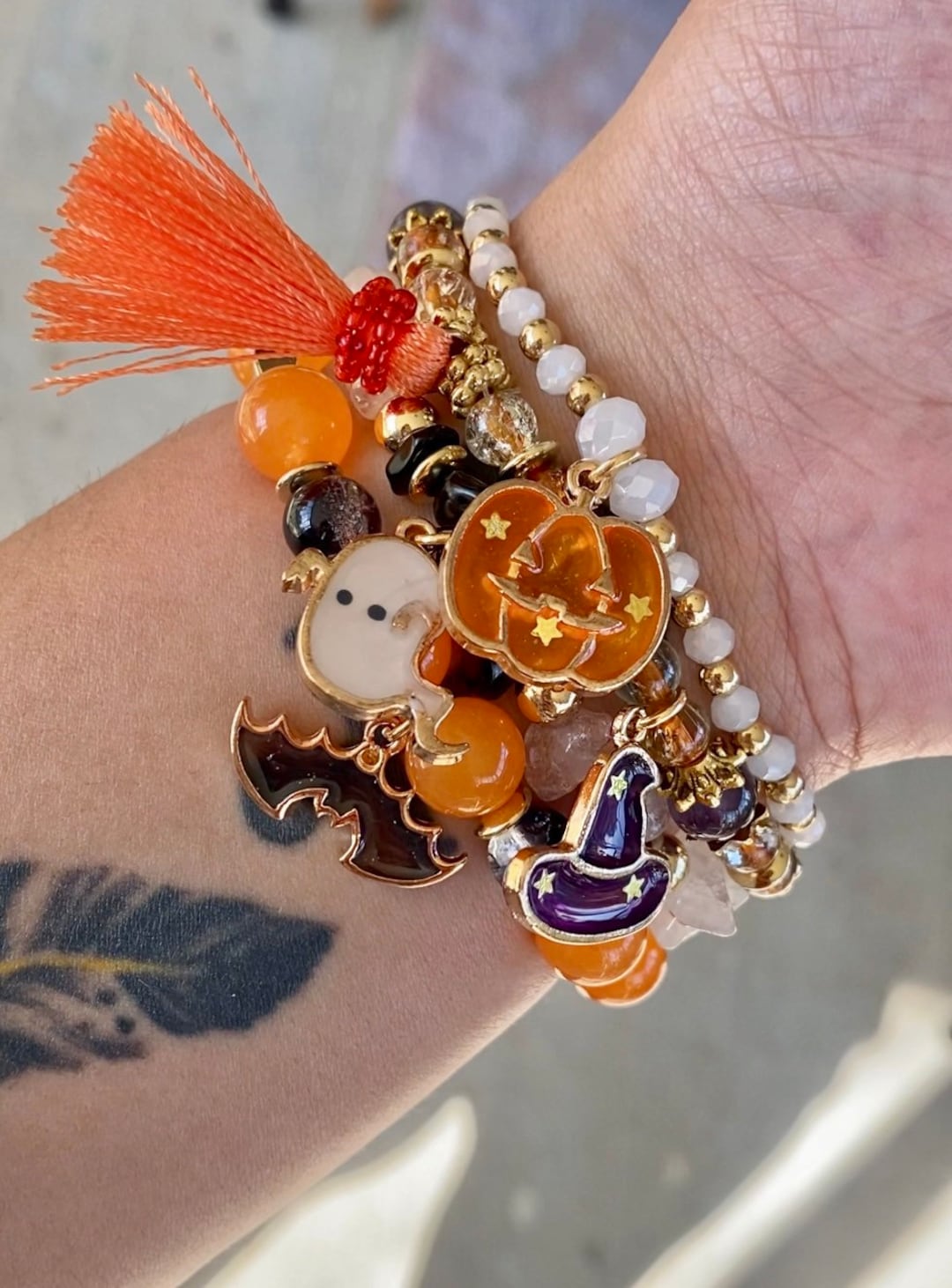 Halloween Stackable Bracelets Pumpkin Bracelets Bat Etsy