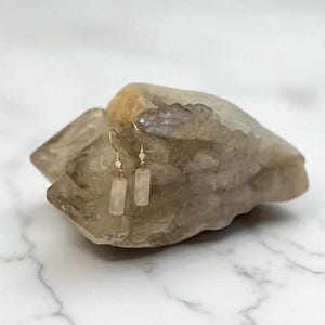 Rose Quartz Tube Earrings: Gold Plated Minimalist Crystal Drops