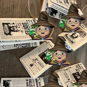 6 Piece Handmade Wizarding Newspaper Ornaments | Cardstock Fantasy Hanging Decor | Magical Newsprint Holiday Decorations