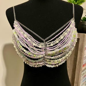 Handmade Beaded Bralette with Silver Chains – Pastel Festival Top | Crystal glitter beads | Boho Rave Outfit | Statement Layered Bra | Glow