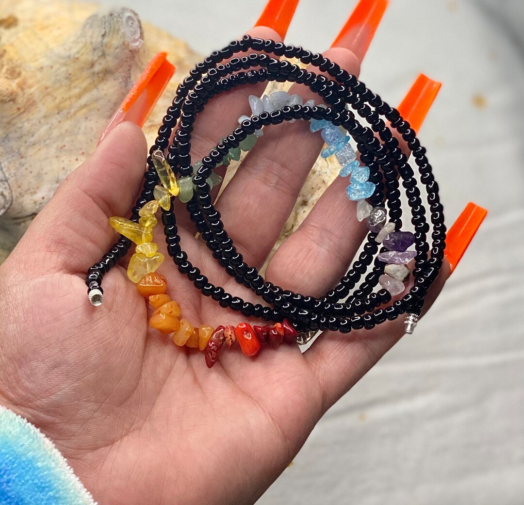 Chakra Waist Beads, Black Waist Beads, Rainbow Waist Beads, Weight