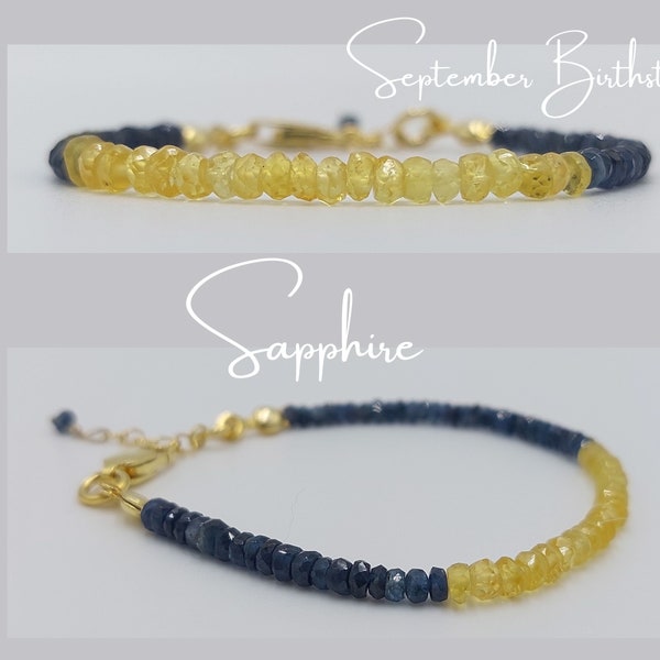 Blue Yellow Sapphire Bracelet, Dainty Sapphire Bracelet, September Birthstone Gold Bracelet, Gold Sapphire Gemstone Jewelry