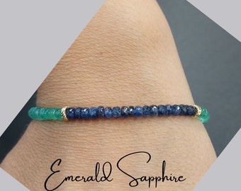 Emerald Sapphire Gemstone Bracelet, Dainty Gold Bracelet with Emerald Sapphire, Two Birthstone Gold Bracelet, Gift Mother Daughter, Friend