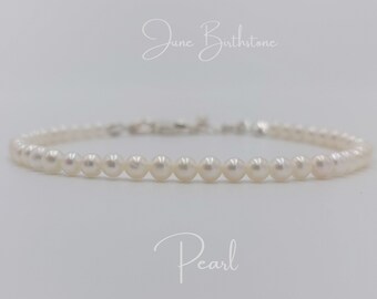 Pearl Silver Bracelet, Pearl Beaded Sterling Silver Bracelet, Dainty Pearl Bracelet women, Pearl Gemstone Jewelry, June Birthstone Bracelet