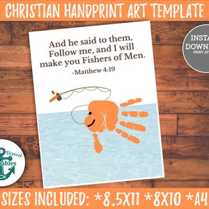 Christian Homeschool Imprimible Handprint Art Mateo 4:19 Christian Handprint Craft Fish Handprint Pescadores de Hombres Escritura Artesanía Arte Bíblico