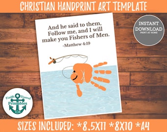 Christian Homeschool Printable Handprint Art Matthew 4:19 Christian Handprint Craft Fish Handprint Fishers of Men Scripture Craft Bible Art