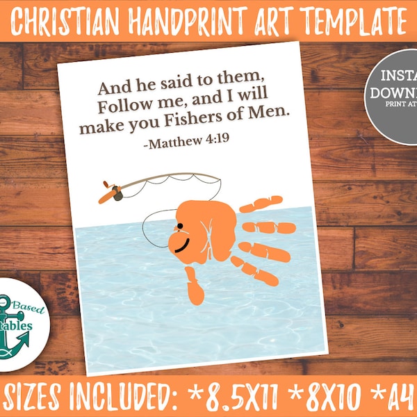 Christian Homeschool Printable Handprint Art Matthew 4:19 Christian Handprint Craft Fish Handprint Fishers of Men Scripture Craft Bible Art