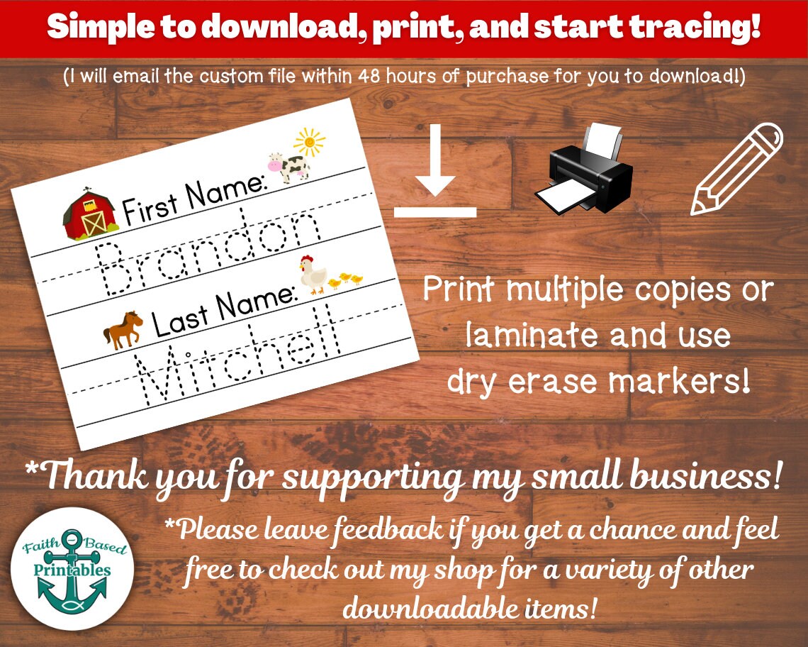 Custom Name Tracing Sheet for Kids Farm Cow Chicken Handwriting ...