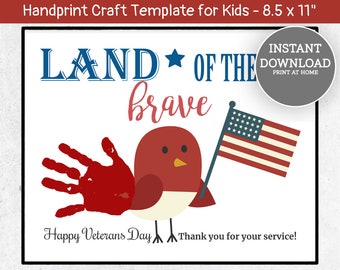 Veterans Day Handprint Card, Land of the Brave Handprint Craft, Printable Handprint Art, DIY Patriotic Handprint Craft, Happy Veterans Day