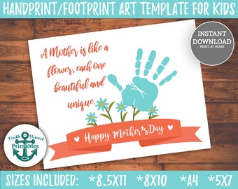 Mothers Day Hand Print Craft A Mother is Like a Flower Mother's Day Printable Handprint Art Kids Handprint Card for Mom Birthday Handprint