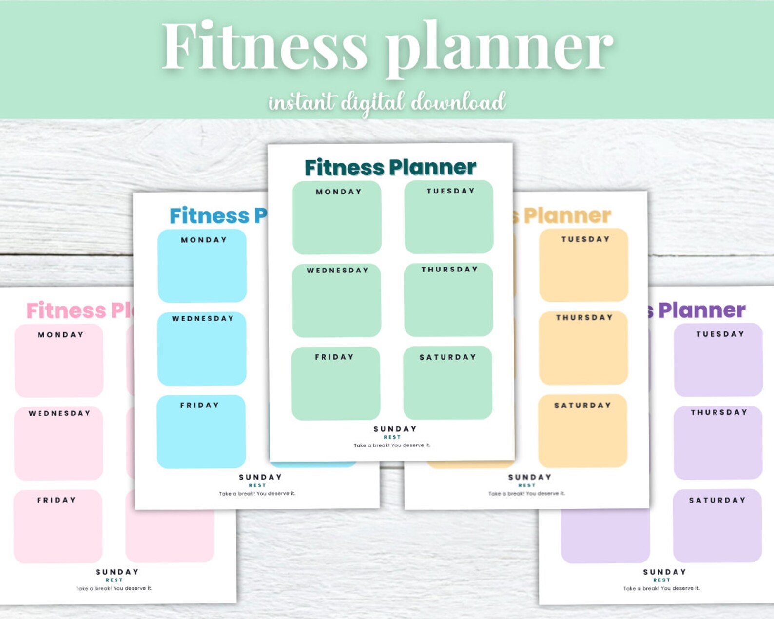 Printable Fitness Planner Blank Template Colorful Sheets Schedule Blue ...