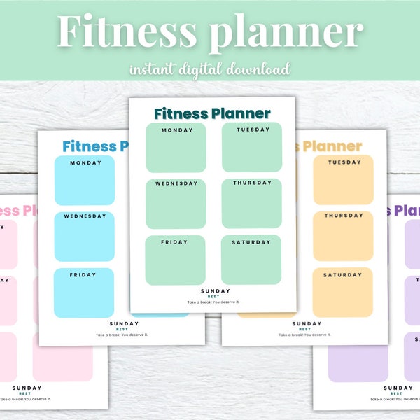 Printable Fitness Planner Blank Template Colorful Sheets Schedule Blue Green Pink Yellow Purple Digital Tracker Workout Plan Exercise PDF