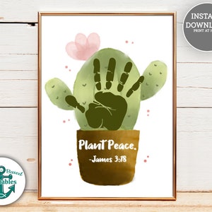 Plant Peace James 3:18 Cactus Christian Handprint Art imprimable École du dimanche Artisanat Église Homeschool Hand Print Craft Kids Preschool Gift