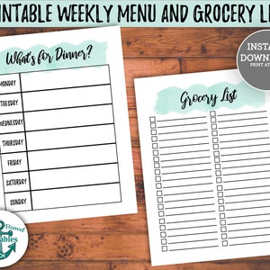 May include: Printable weekly menu and grocery list planner with a light blue watercolor background. The menu planner has a section for each day of the week, Monday through Sunday. The grocery list has two columns with checkboxes.