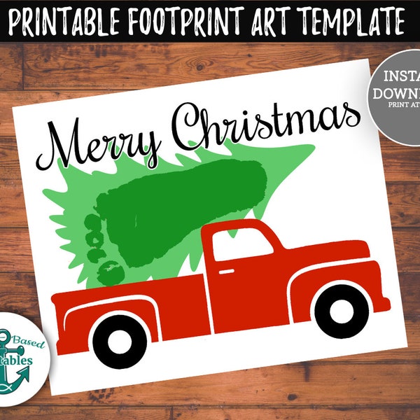 Merry Christmas Footprint Tree Craft Foot Print Crafts Handprint Art Red Truck Card for Grandparents Keepsake Gift Preschool Gifts Print PDF