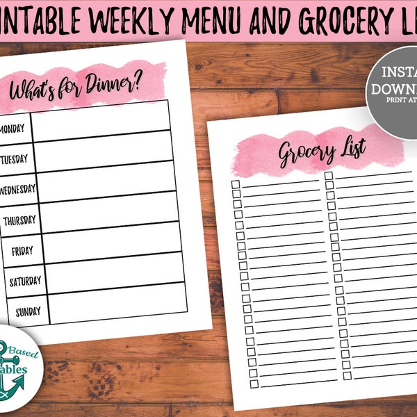 Pink Printable Weekly Menu Download Weekly Menu Planner Template Meal Planner Grocery List Printable PDF Weekly Meal Planner & Grocery List