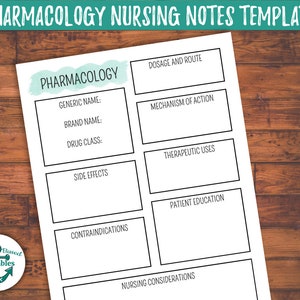 May include: A printable pharmacology nursing notes template with sections for generic name, brand name, drug class, dosage and route, mechanism of action, therapeutic uses, side effects, contraindications, patient education, and nursing considerations.