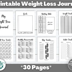 Afdrukbaar gewichtsverliesdagboek Gezondheidstracker Zwart-wit Maaltijdplannersjabloon PDF Fitnessmotivatie Waterstapmetingen Doelstellingen