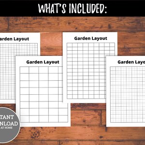 May include: Four printable garden layout templates with grid lines. The text "Garden Layout" is at the top of each template. The text "Instant Download Print at Home" is at the bottom of the image.