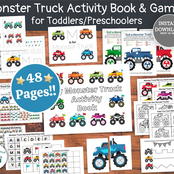 Monster Truck Activity Book Monster Truck Games Preschool Busy Book Toddler Counting Monster Truck Coloring Activities Alphabet Match Trace