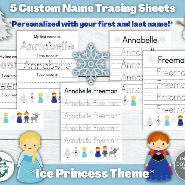 Custom Name Tracing Sheets Handwriting Practice Sheet Ice Princess Themed Personalized First Last Names Writing Page Printable Preschool PDF