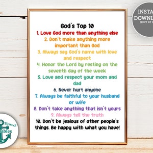 God&#39;s Top 10 Ten Commandments Printable Sign for Kids Christian Wall Art Christian Homeschool Bible Scripture Church Sunday School Exodus 20
