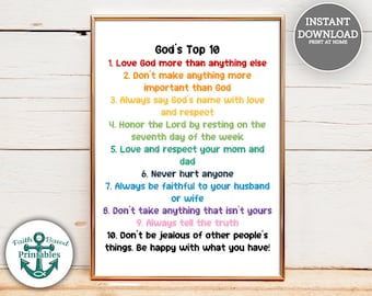 God's Top 10 Ten Commandments Printable Sign for Kids Christian Wall Art Christian Homeschool Bible Scripture Church Sunday School Exodus 20