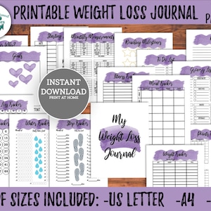 Paarse gewichtsverlies dagboek afdrukbare maaltijdplanner sjabloon PDF gewichtsverlies tracker gewichtsverlies motivatie fitness tracker water tracker pdf