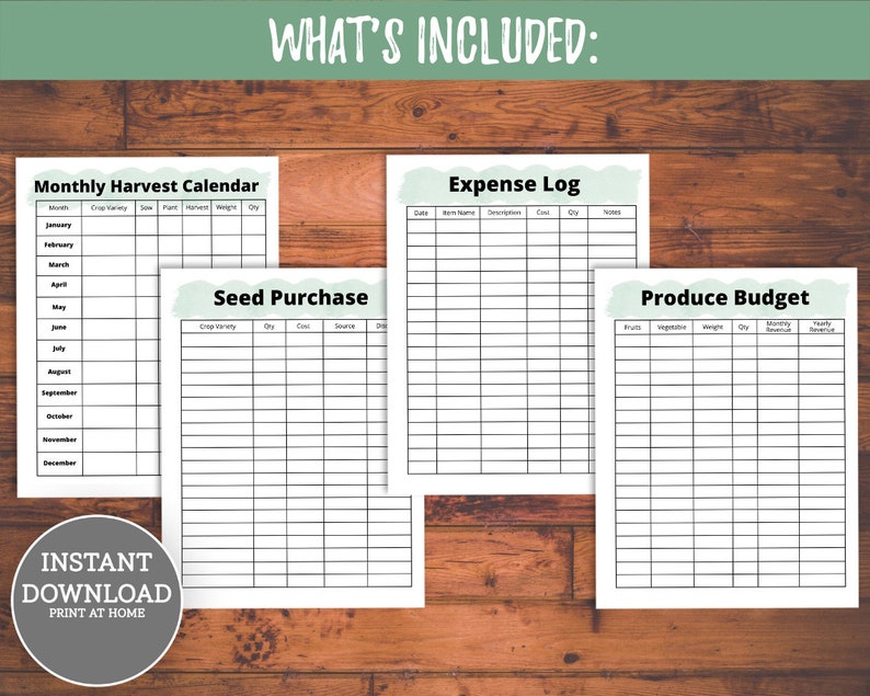 May include: Printable gardening planner with four pages: Monthly Harvest Calendar, Seed Purchase, Expense Log, and Produce Budget. Each page has a light green watercolor background and black grid lines.