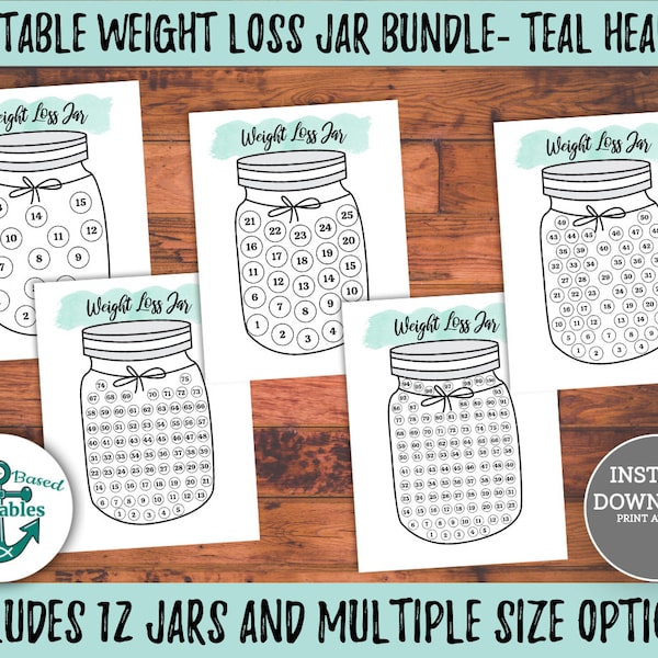 Printable Weight Loss Tracker Jar Bundle Teal Weight Loss Jar Tracker 100 lb Weight Loss Tracker Printable Weight Loss Tracker Digital 50 lb