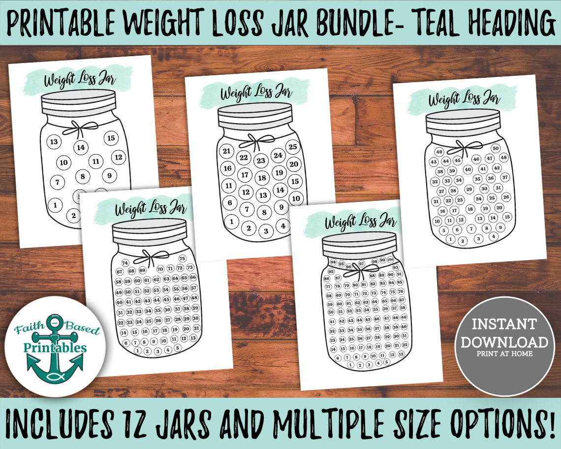 printable weight loss tracker jar bundle teal weight loss jar