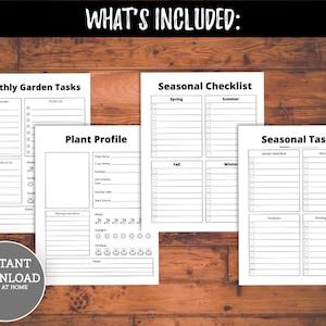 May include: Printable garden planner with four pages: Monthly Garden Tasks, Plant Profile, Seasonal Checklist, and Seasonal Tasks. Each page has checkboxes and blank lines for writing.