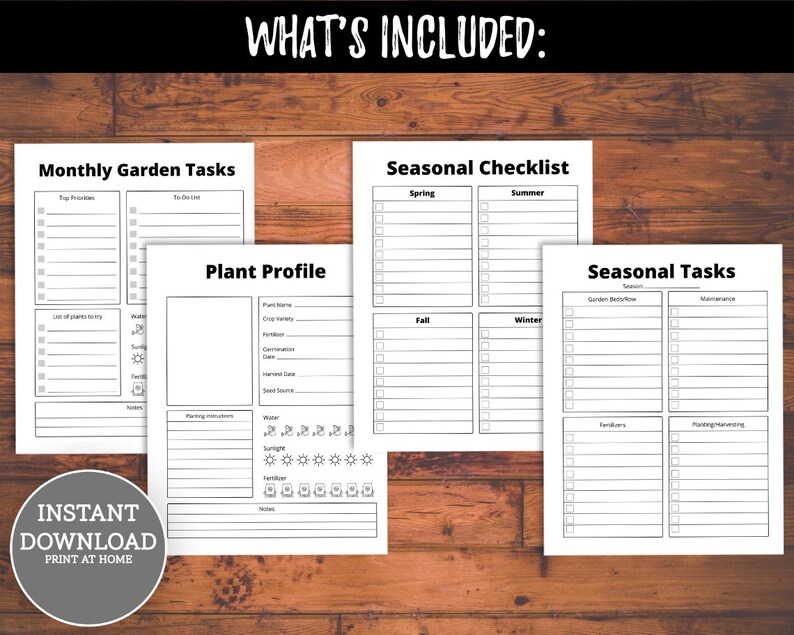 May include: Printable garden planner with four pages: Monthly Garden Tasks, Plant Profile, Seasonal Checklist, and Seasonal Tasks. Each page has checkboxes and blank lines for writing.