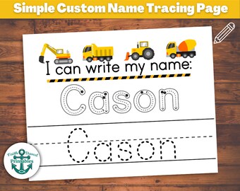 Custom Name Tracing Sheet Handwriting Practice Personalized Construction Name Trace Simple Worksheet Printable Hand Writing Page for Kids