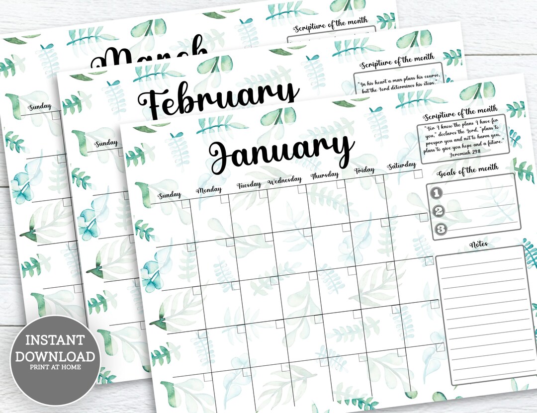 Scripture Calendar Printable Eucalyptus Blank Monthly Calendars 12 ...