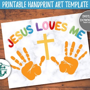 Jesus Loves Me Printable Handprint Craft Christian Homeschool Handprint Art Kids Christian Craft Painting Hands Preschool Wall Art Sign DIY image 1