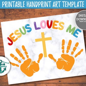 Jesus Loves Me Printable Handprint Craft Christian Homeschool Handprint Art Kids Christian Craft Painting Hands Preschool Wall Art Sign DIY image 1