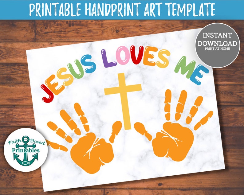 Jesus Loves Me Printable Handprint Craft Christian Homeschool Handprint Art Kids Christian Craft Painting Hands Preschool Wall Art Sign DIY image 1