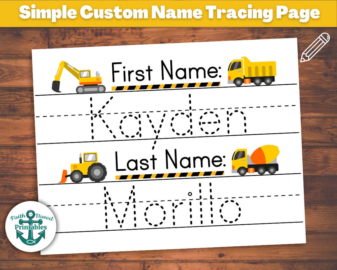 Custom Name Tracing Sheet for Boys Construction Handwriting Practice