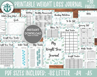 Weight Loss Journal Printable WeightLoss Tracker Green Teal Leaf Flower Daily Steps Water Fitness Goals Milestones Track Health Meals Stats
