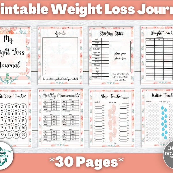 Printable Weight Loss Tracker Bundle 30 Page Weightloss Journal Health Peach Floral Meal Planner Template Fitness Steps Goal Tracking PDF