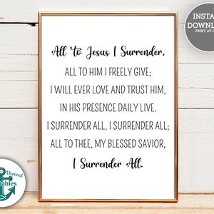 All to Jesus I Surrender Printable Hymn Print Christian Hymnal Wall Art Sign Church Decor Sunday School Homeschool Class I Surrender All JPG