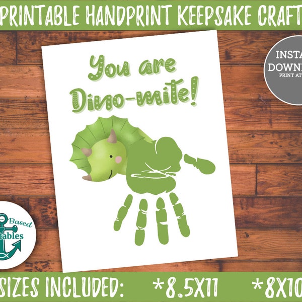 Printable Handprint Craft You are Dino-Mite Birthday Card Father's Day Cards Hand Print Art for Grandparents Dinosaurs Kids Painting Green