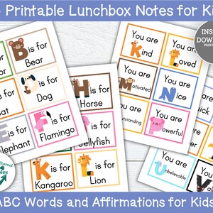 Lunchbox Notizen für Kinder Printable Lunchbox Notiz ABC Tier Worte Positive Affirmationen Kindergarten Printables Vorschule Flashcards Read