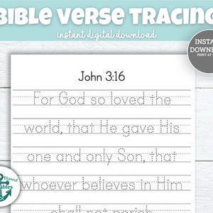 John 3:16 Scripture Tracing Sheet Bible Memory Verse Memorization Christian Homeschool Handwriting Practice Trace Worksheet Printable 3 16